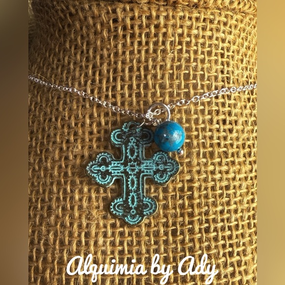 TURQUOISE AND SILVER DAINTY CROSS NECKLACE - Picture 2 of 2